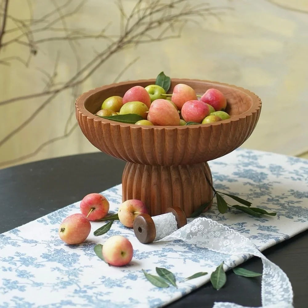NEW West Elm Large Wood Boho Carved Scalloped Decorative Fruit Bowl Centerpiece